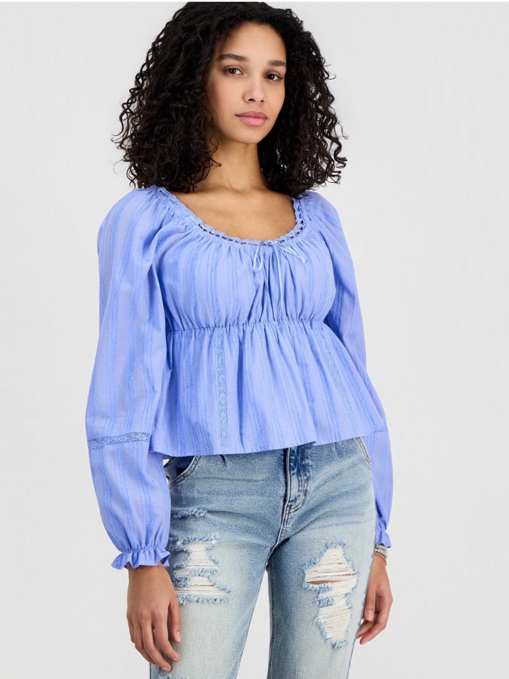 Tinseltown Light Blue Peasant Top with Smocked Waist